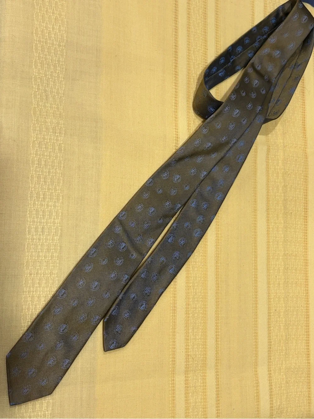 VTG 90s Bachrachs Decatur Illinois Silk Tie Olive Gold Medallion Geometric Prep